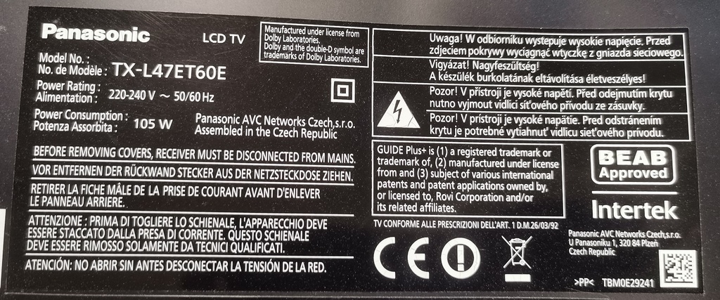 PANASONIC TX-L47 ET 60 E CARTE ALIMENTATION TNPA5766 1