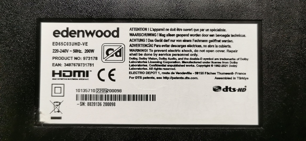 Pour tv EDENWOOD ED65CO3UHD-VE HAUT PARLEURS