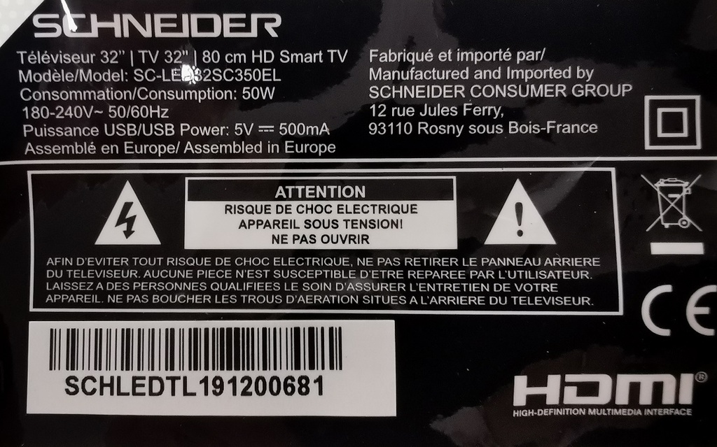 SCHNEIDER SC-LED32SC350EL CARTE PRINCIPALE  CARTE ALIMENTATION CARTE MERE TPD.NT72263.PB87 3NT725B2