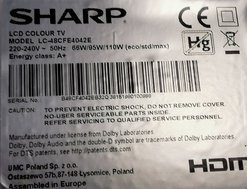 SHARP LC-48CFE4042E CARTE ALIMENTATATION MIP550D-DX2 REV1.0