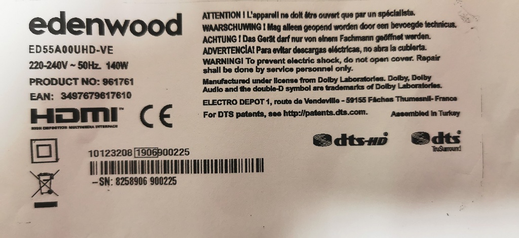 EDENWOOD ED55AOOUHD-VE CARTE T-CON V18 43-65UHD_TM120 V1.0 6870C-0769A