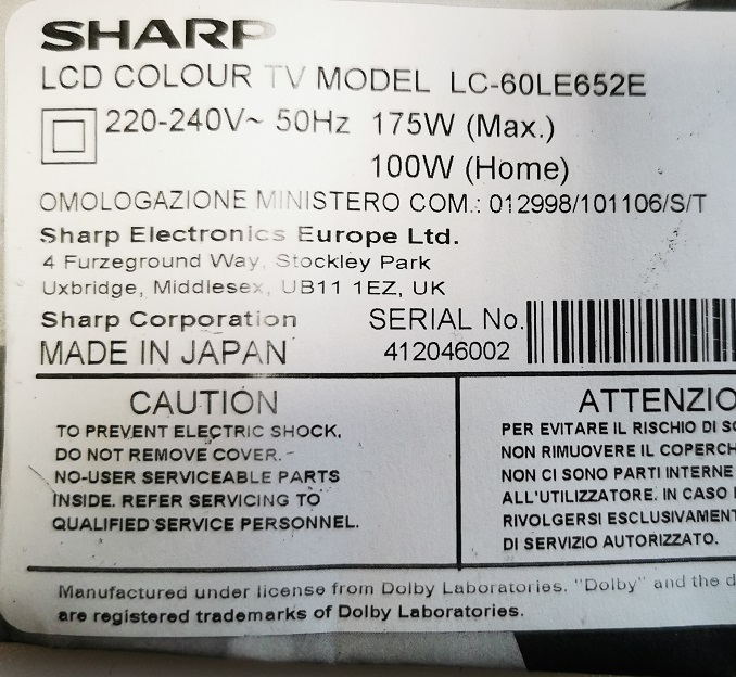 SHARP LC-60LE652E 60" CARTE MERE DUNTKG135 QPWBG135WJN2