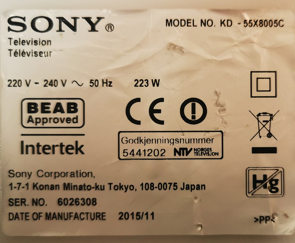 SONY KD-55X8005C CARTE BOUTON ON OFF IR