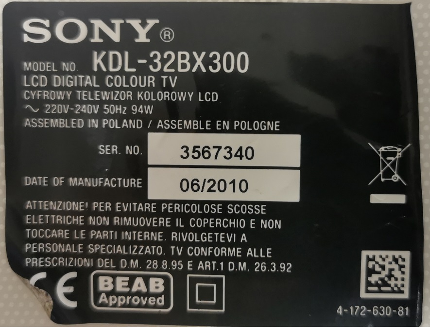 SONY KDL-32BX300 CARTE MERE 1-881-019-32