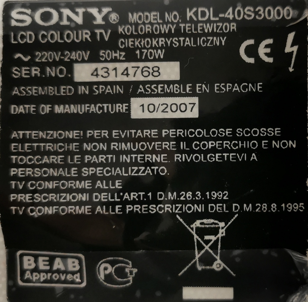 SONY KDL-40S3000 CARTE ALIMANTATION INVERTER 1-872-987-11