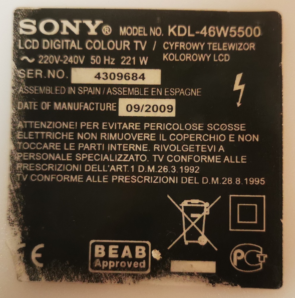 SONY KDL-46W5500 CARTE ALIMENTATION 1-878-599-11