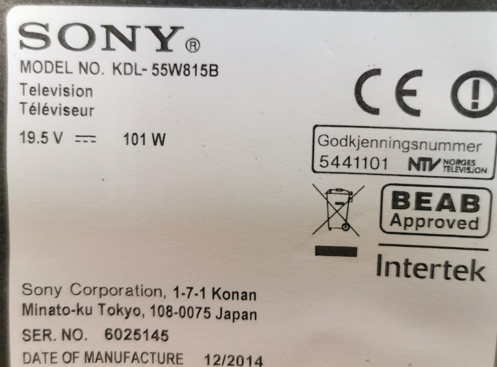 SONY KDL-55W815B CARTE BOUTON