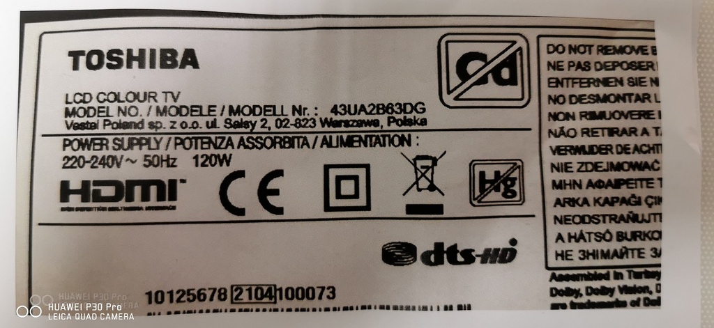 TOSHIBA 43UA2B63DG CARTE ALIMENTATION VESTEL 17IPS72