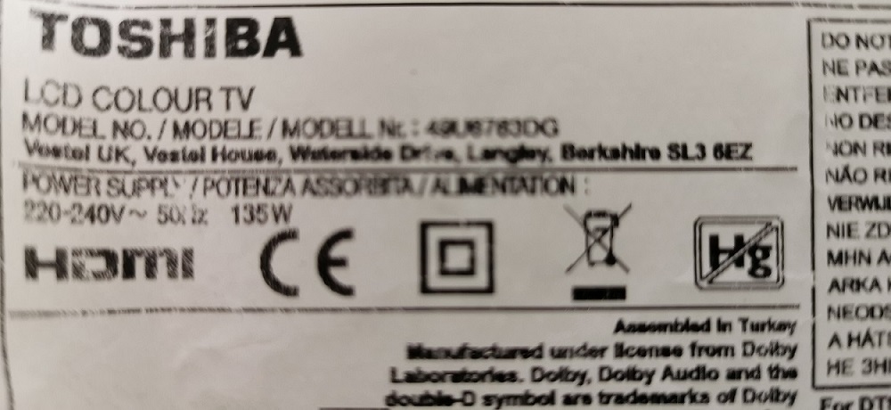 TOSHIBA 49U6763DG CARTE BOUTON ON/OFF IR WIFI