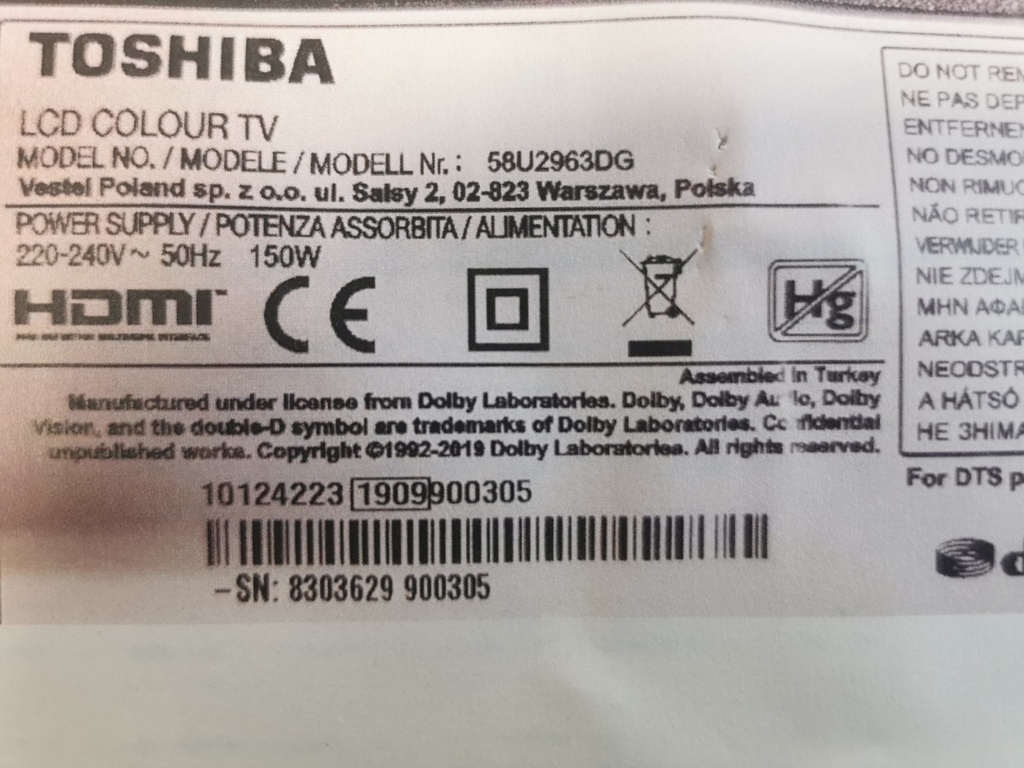 TOSHIBA 58U2963DG CARTE T-CON CCPD-TC575-003 V2.0