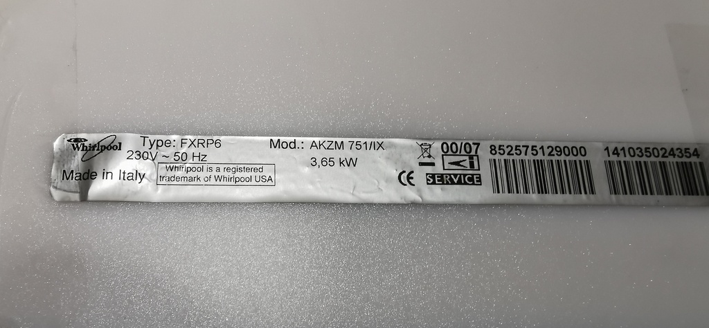 WHIRLPOOL TYPE FXRP6 MOD AKZM 751-IX SECURITE DE PORTE