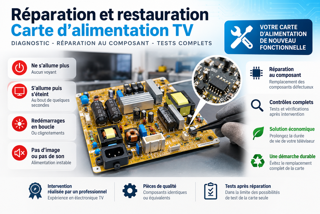 Service réparation restauration dépannage carte électronique alimentation de télévision Tv Télé, ELECTRONIQUE 66 Pyrénées Orientales