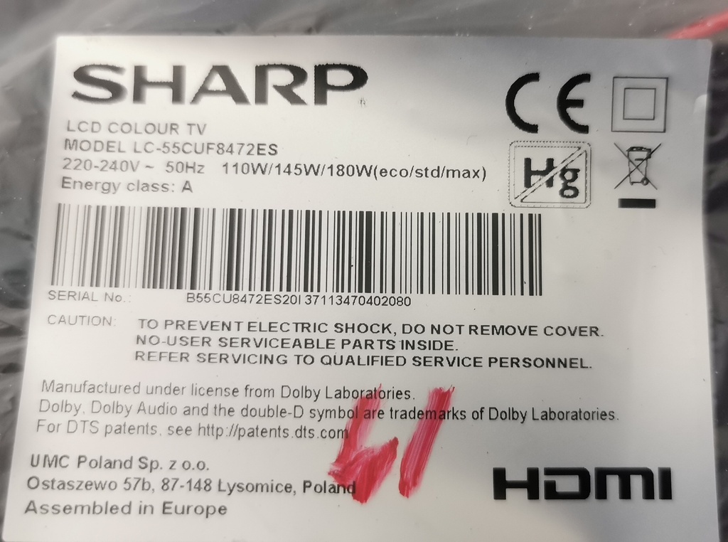 SHARP LC-55CUF8472ES CARTE ALIMENTATION PW.188W2.711