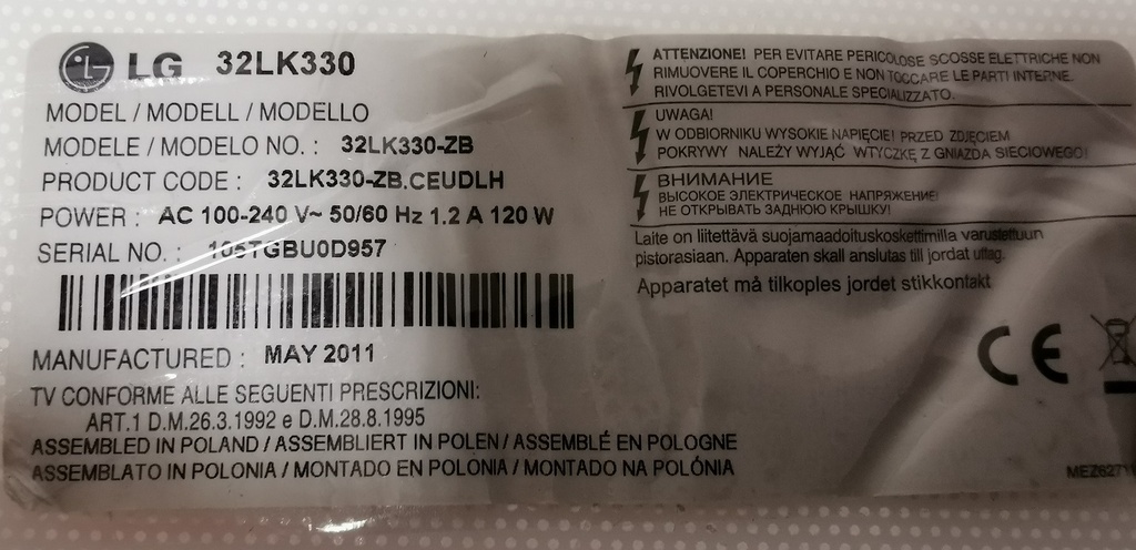 LG 32LK330 CARTE MERE EAX64113201(3) EBU61390727