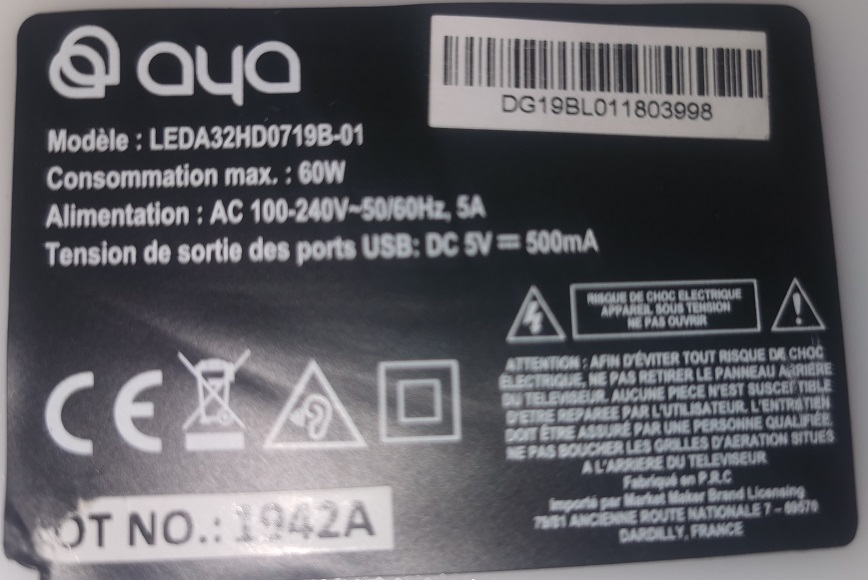 AYA LEDA32HD07198-01-8 CARTE MERE et ALIMENTATION TP.S506..PB819