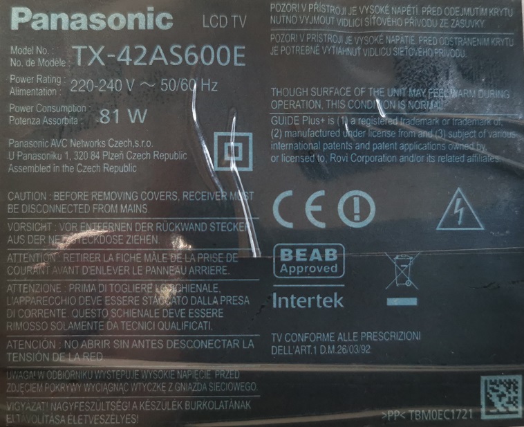 PANASONIC TX-42AS600E 2 HAUT-PARLEURS