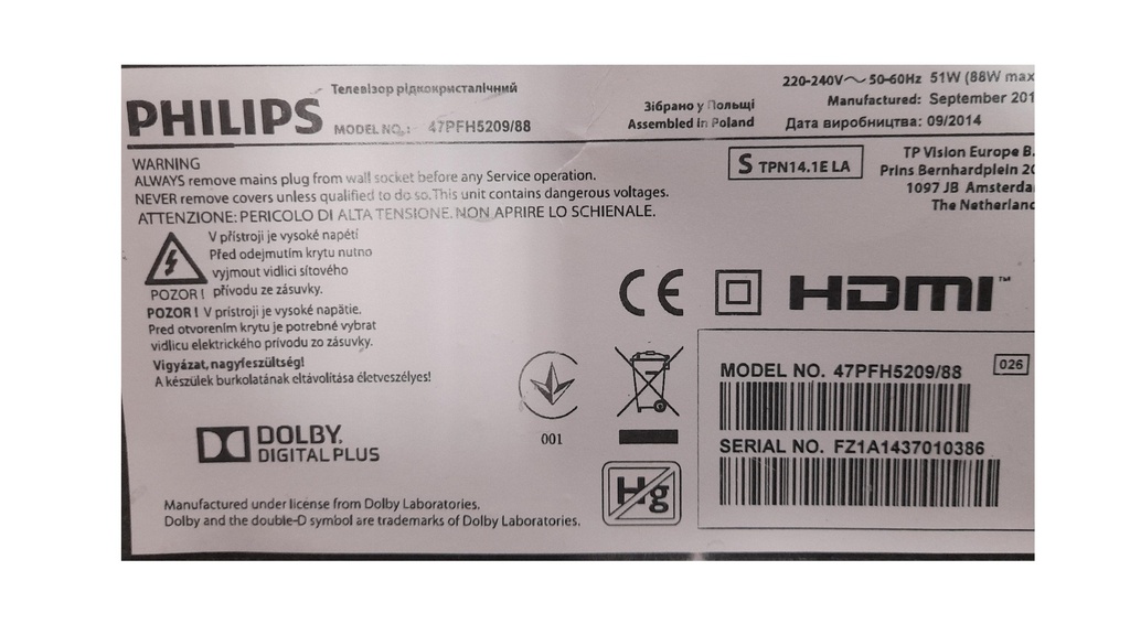 PHILIPS 47PFH5209/88 CARTE MERE 715G0094-M01-002-DD4K