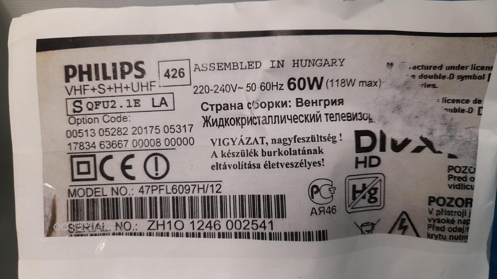 PHILIPS 47PFL6097H CARTE MERE S YU 238.7 AI1.B 8011246 310432868283 8011246